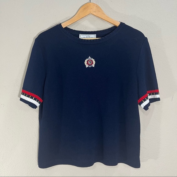 St. John Tops - VTG ST.JOHN Knit Navy Shirt With Emblem Crest Stripe Sleeve Sz L Career Academia